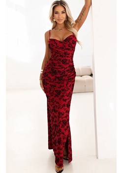 Dopasowana sukienka maxi z kopertowym dekoltem i rozcięciem 645-2, Kolor bordowy-wzór, Rozmiar one size, NUMOCO BASIC ze sklepu Primodo w kategorii Sukienki - zdjęcie 188385792