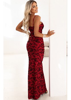 Dopasowana sukienka maxi z kopertowym dekoltem i rozcięciem 645-2, Kolor bordowy-wzór, Rozmiar one size, NUMOCO BASIC ze sklepu Primodo w kategorii Sukienki - zdjęcie 188385793