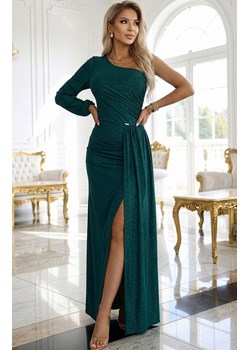 Brokatowa sukienka maxi na jedno ramię 658-2, Kolor butelkowa zieleń, Rozmiar L, Numoco ze sklepu Primodo w kategorii Sukienki - zdjęcie 188385812