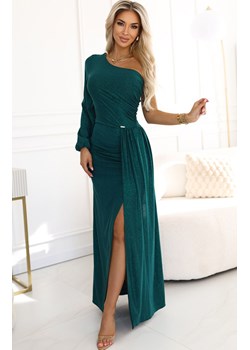 Brokatowa sukienka maxi na jedno ramię 658-2, Kolor butelkowa zieleń, Rozmiar L, Numoco ze sklepu Primodo w kategorii Sukienki - zdjęcie 188385813
