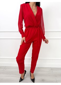 Czerwony Kombinezon z Ozdobnym Rękawem ze sklepu ModnaKiecka.pl w kategorii Kombinezony damskie - zdjęcie 188401633