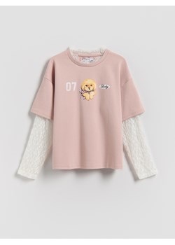 Reserved - Koszulka z koronkowymi rękawami - różowy ze sklepu Reserved w kategorii Bluzki dziewczęce - zdjęcie 188413774