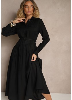 Czarna Rozkloszowana Sukienka z Wiskozy z Guzikami i Paskiem Ronesa ze sklepu renee.pl w kategorii Sukienki - zdjęcie 188422441