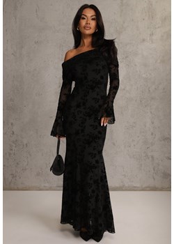 Czarna Wizytowa Sukienka VICES Off Shoulder z Kwiatowym Wzorem z Weluru Adrakharei ze sklepu renee.pl w kategorii Sukienki - zdjęcie 188422461