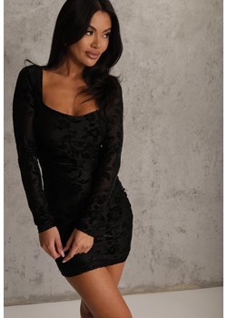 Czarna Sukienka VICES Bodycon z Wiązaniem na Plecach i Welurowym Wzorem Raessa ze sklepu renee.pl w kategorii Sukienki - zdjęcie 188422471