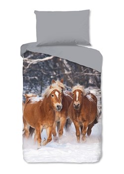 Good Morning Komplet pościeli flanelowej "Happy Horses" w kolorze szaro-jasnobrązowym ze sklepu Limango Polska w kategorii Pościel dziecięca - zdjęcie 188454120