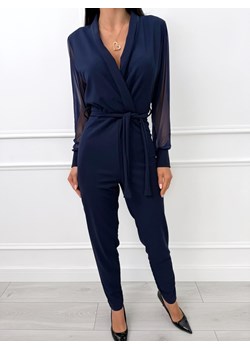 Granatowy Kombinezon z Ozdobnym Rękawem ze sklepu ModnaKiecka.pl w kategorii Kombinezony damskie - zdjęcie 188459244