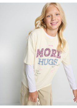 Sinsay - Bawełniana koszulka z napisem - kremowy ze sklepu Sinsay w kategorii Bluzki dziewczęce - zdjęcie 188461230