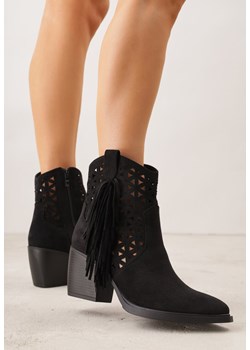 Czarne Ażurowe Botki Typu Kowbojki na Stożku Ozdobione Frędzlami Pentora ze sklepu renee.pl w kategorii Botki - zdjęcie 188472853