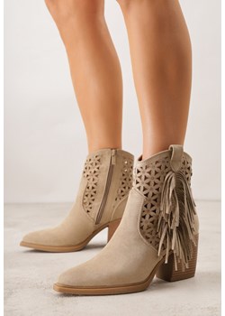 Ciemnobeżowe Ażurowe Botki Typu Kowbojki na Stożku Ozdobione Frędzlami Pentora ze sklepu renee.pl w kategorii Botki - zdjęcie 188472880