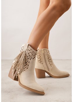 Beżowe Botki Kowbojki na Stożkowym Obcasie z Ażurowym Wzorem i Eathetina ze sklepu born2be.pl w kategorii Botki - zdjęcie 188473043
