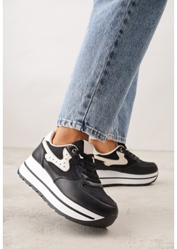 Czarne Sneakersy na Platformie z Tweedowym Zdobieniem i Perforacją Dioseleia ze sklepu renee.pl w kategorii Buty sportowe damskie - zdjęcie 188481392