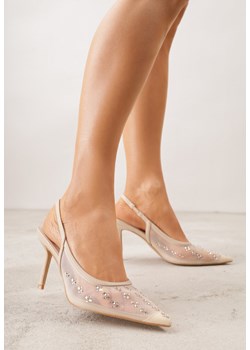 Złote Sandały Slingback na Szpilce z Siateczki Zdobione Cyrkoniami Lilinyra ze sklepu renee.pl w kategorii Sandały damskie - zdjęcie 188481464