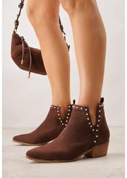 Brązowe Botki Vices na Słupku z Ażurową Cholewką Nitami i Wycięciem Borfedi ze sklepu renee.pl w kategorii Botki - zdjęcie 188481500