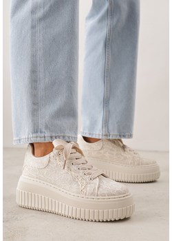 Beżowe Sneakersy na Grubej Tłoczonej Platformie Ozdobione Brokatem i Koronką Zellysh ze sklepu born2be.pl w kategorii Buty sportowe damskie - zdjęcie 188481604