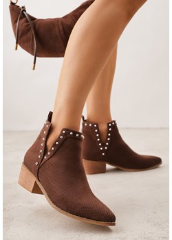Brązowe Ażurowe Botki Vices na Obcasie Ozdobione Wycięciem i Nitami Lilfedi ze sklepu born2be.pl w kategorii Botki - zdjęcie 188481871