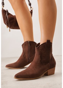 Brązowe Ażurowe Botki Vices w Stylu Kowbojek na Obcasie Norfedi ze sklepu born2be.pl w kategorii Botki - zdjęcie 188481880