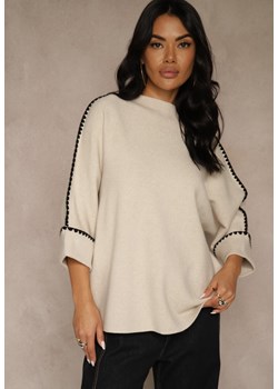 Beżowy Sweter Ozdobiony Lamówką na Rękawach Tusenna ze sklepu renee.pl w kategorii Swetry damskie - zdjęcie 188501031