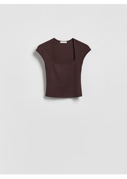 Reserved - T-shirt z wiskozą - ciemnobrązowy ze sklepu Reserved w kategorii Bluzki damskie - zdjęcie 188501173