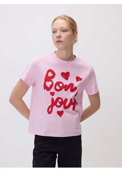 Reserved - Bawełniany t-shirt z nadrukiem - pastelowy róż ze sklepu Reserved w kategorii Bluzki damskie - zdjęcie 188501211