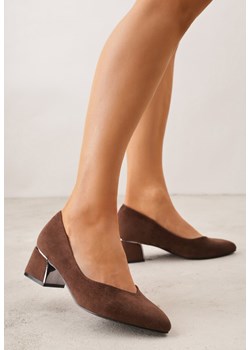 Brązowe Czółenka Vices na Słupku z Imitacji Zamszu z Wkładką ze Skóry Naturalnej z Metaliczną Ozdobą Mixin ze sklepu renee.pl w kategorii Czółenka - zdjęcie 188502212
