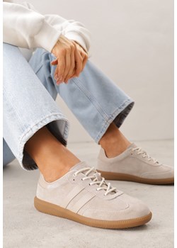 Beżowe Skórzane Sneakersy na Płaskiej Podeszwie Ozdobione Paskami Nelavirae ze sklepu born2be.pl w kategorii Buty sportowe damskie - zdjęcie 188502843