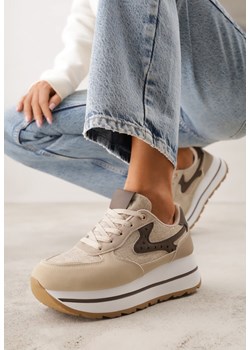 Beżowe Sneakersy na Platformie z Tweedowym Zdobieniem i Perforacją Dioseleia ze sklepu renee.pl w kategorii Buty sportowe damskie - zdjęcie 188504974