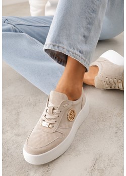 Beżowe Skórzane Sneakersy na Platformie z Metaliczną Aplikacją Idapheosis ze sklepu renee.pl w kategorii Buty sportowe damskie - zdjęcie 188504992