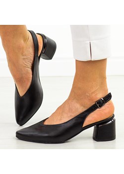 Czarne skórzane Polskie czółenka damskie na obcasie bez pięty Deoni D1 ze sklepu suzana.pl w kategorii Czółenka - zdjęcie 188530794