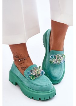 Mokasyny Damskie Ozdobne Kryształy Zielone Avril ze sklepu ZAZOO w kategorii Mokasyny damskie - zdjęcie 188532904