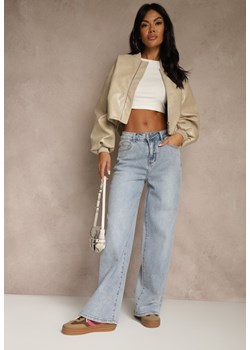 Niebieskie Szerokie Jeansy High Waist Zdobione Haftem na Kieszeni Thaola ze sklepu renee.pl w kategorii Jeansy damskie - zdjęcie 188534161