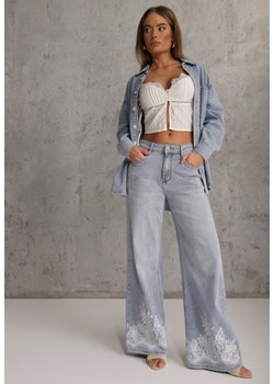 Niebieskie Jeansy Szerokie w Stylu Boho z Ozdobnym Nadrukiem na Nogawkach Endippe ze sklepu renee.pl w kategorii Jeansy damskie - zdjęcie 188534401