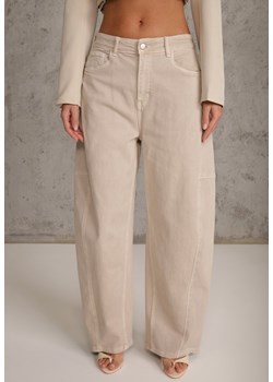 Beżowe Jeansy z Bawełny Typu Balloon High Waist Ozdobione Przeszyciami Eunaris ze sklepu renee.pl w kategorii Jeansy damskie - zdjęcie 188534444