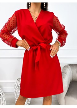 Czerwona Sukienka z Ozdobnym Rękawem ze sklepu ModnaKiecka.pl w kategorii Sukienki - zdjęcie 188636613