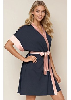 Szlafrok damski peniuar z krótkim rękawem granatowy Sabrina, Kolor granatowo-różowy, Rozmiar S, Babella ze sklepu Intymna w kategorii Szlafroki damskie - zdjęcie 188646252