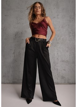 Czarne Spodnie Szerokie z Dodatkiem Bawełny High Waist z Metaliczną Klamrą Azaerixis ze sklepu renee.pl w kategorii Spodnie damskie - zdjęcie 188675623