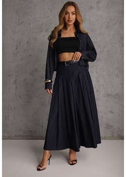 Granatowy Komplet z Bawełniano-Wiskozowej Imitacji Jeansu z Koszulą i Spódnicą z Paskiem Andaig ze sklepu renee.pl w kategorii Komplety i garnitury damskie - zdjęcie 188675663