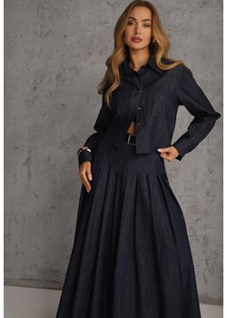 Granatowy Komplet z Bawełniano-Wiskozowej Imitacji Jeansu z Koszulą i Spódnicą z Paskiem Andaig ze sklepu renee.pl w kategorii Komplety i garnitury damskie - zdjęcie 188675664