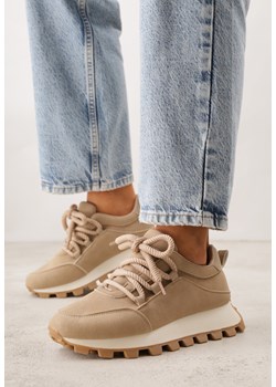 Ciemnobeżowe Sneakersy na Grubej Tłoczonej Podeszwie Zerda ze sklepu born2be.pl w kategorii Buty sportowe damskie - zdjęcie 188679542