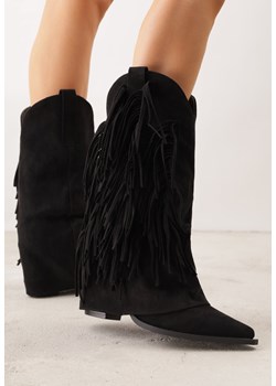 Czarne Botki Typu Kowbojki na Obcasie z Wywiniętą Cholewką i Frędzlami Uemiris ze sklepu born2be.pl w kategorii Botki - zdjęcie 188679632