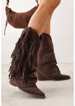 Brązowe Botki Typu Kowbojki na Obcasie z Wywiniętą Cholewką i Frędzlami Uemiris ze sklepu born2be.pl w kategorii Botki - zdjęcie 188679641