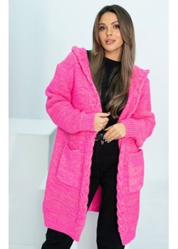 Długi kardigan typu płaszczyk HENA z kapturem neon róż ze sklepu intimiti.pl w kategorii Swetry damskie - zdjęcie 188682402