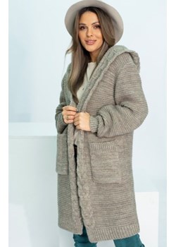 Długi kardigan typu płaszczyk HENA z kapturem mocca ze sklepu intimiti.pl w kategorii Swetry damskie - zdjęcie 188682572