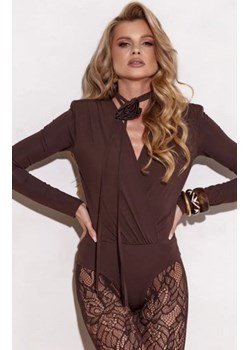 Kopertowe body damskie z długim rękawem – z paskiem z różyczką brązowe ze sklepu intimiti.pl w kategorii Bluzki damskie - zdjęcie 188682623