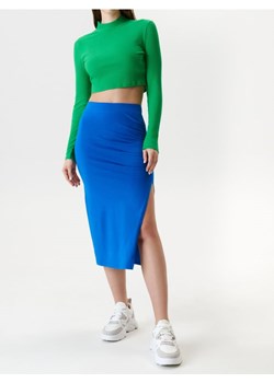 Sinsay - Bawełniana spódnica midi z rozcięciem i marszczeniem z boku - niebieski ze sklepu Sinsay w kategorii Spódnice - zdjęcie 188715831