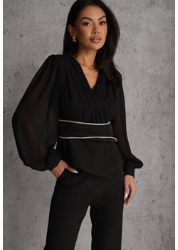 Czarna Bluzka VICES w Kopertowym Stylu z Luźnymi Transparentnymi Rękawami i Dekoltem V Inge ze sklepu renee.pl w kategorii Bluzki damskie - zdjęcie 188718791