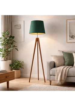 Lampa podłogowa na drewnianych nogach do salonu ARUBA GOLD z abażurem w kolorze zieleni butelkowej ze sklepu Lysne w kategorii Lampy podłogowe - zdjęcie 188722211