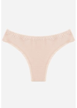 Beżowe Majtki z Bawełną Typu Stringi Ozdobione Koronką Cirilise ze sklepu born2be.pl w kategorii Majtki damskie - zdjęcie 188730323