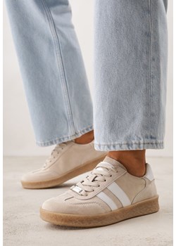 Beżowe Sneakersy ze Skóry Naturalnej w Stylu Tenisówek z Paskami Arethephila ze sklepu born2be.pl w kategorii Buty sportowe damskie - zdjęcie 188730371