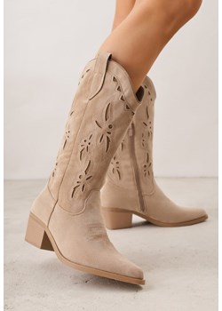 Ciemnobeżowe Botki Kowbojki na Stożku z Imitacji Zamszu z Ażurowymi Wstawkami  Crela ze sklepu born2be.pl w kategorii Botki - zdjęcie 188730673